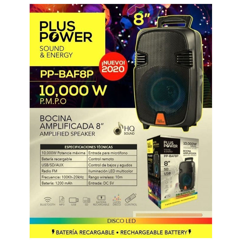 Bocina Plus Power Portátil Con Bluetooth Pp-baf8p Negro