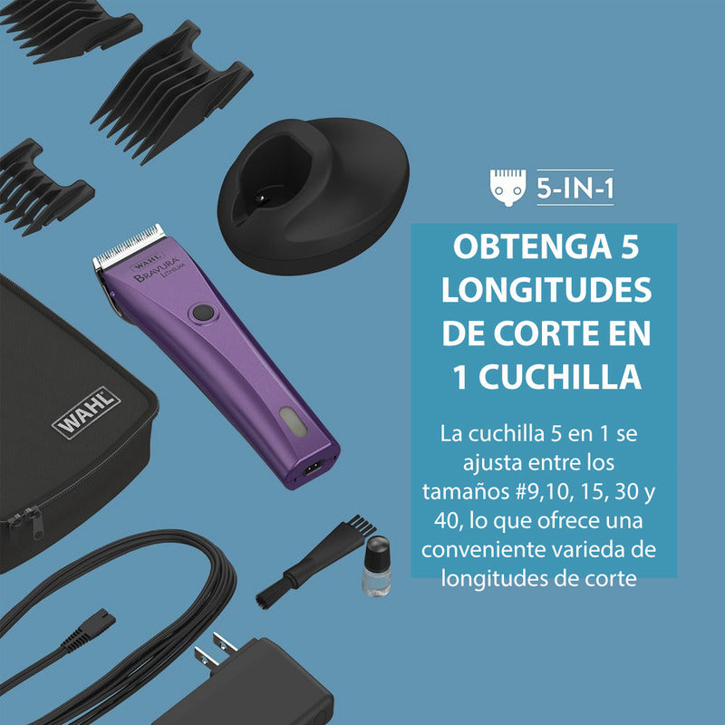 Bravura Lithium Wahl Pet Maquina Rasuradora De Perros Profesional Inalámbrica Morada Cuchillas 5 En 1 90 Minutos De Autonomía Violeta Oscuro