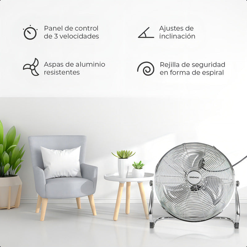 Ventilador De Piso Daewoo Cromado 16 Pulgadas 3 Velocidades Estructura Plateado Aspas Plata Diámetro 47 Cm Frecuencia 6 Hz Material De Las Aspas Aluminio