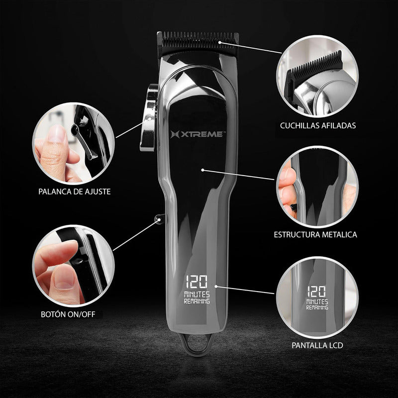 Máquina Barba Y Cabello Xtreme Pro 6 Guías Pantalla Lcd Color Plateado