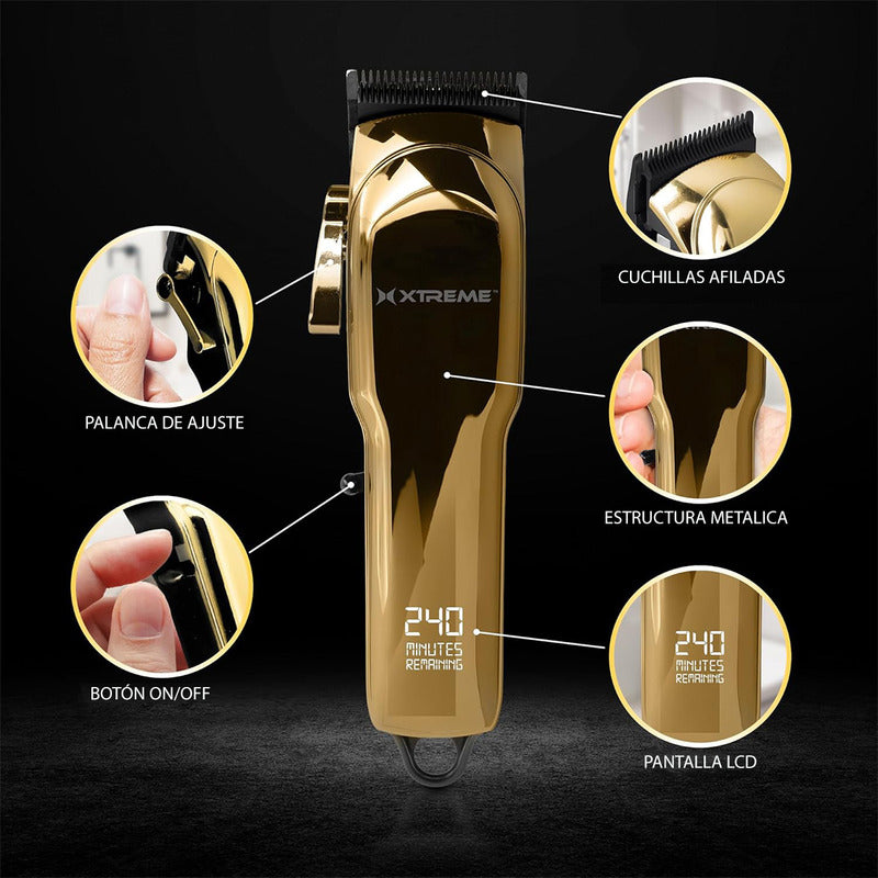 Recortadora Barba Y Cabello Xtreme Pro 6 Guías Lcd Pantalla Color Dorado