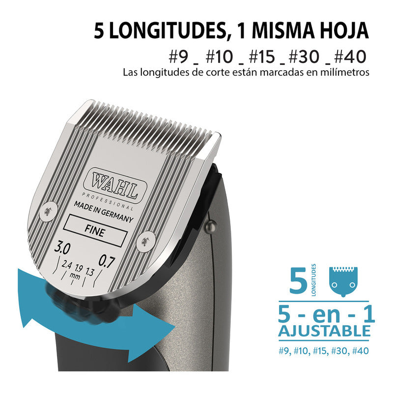 Bravura Lithium Wahl Pet, Maquina Rasuradora De Perros Profesional Inalámbrica, Color Gris, Cuchillas 5 En 1, 90 Minutos De Autonomía