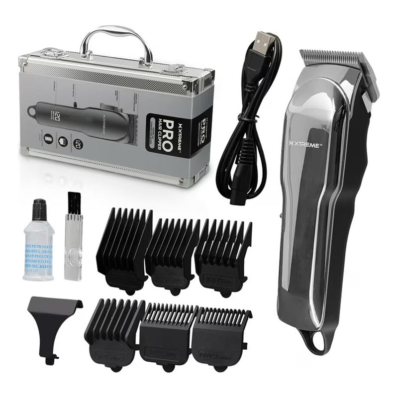 Máquina Barba Y Cabello Xtreme Pro 6 Guías Pantalla Lcd Color Plateado