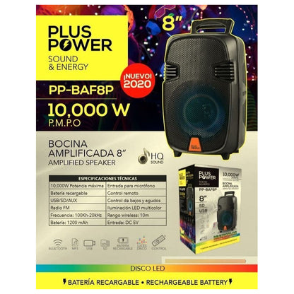 Bocina Plus Power Portátil Con Bluetooth Pp-baf8p Negro